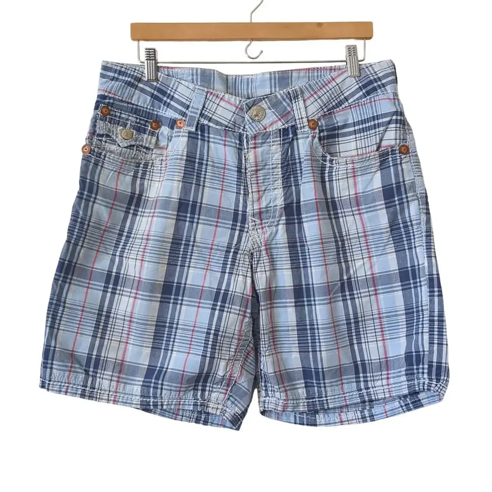 Vintage True Religion Y2K Plaid Blue‎ Baggy Mens Shorts Boardshort Everyday 36